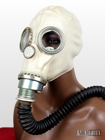 Polnische Gasmaske MUA des Zivilschutzes Gummi grau mit schwarzem Faltenschlauch aus Gummi