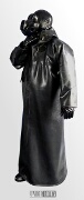 Heavy Rubber Raincoat Regenmantel aus 1,2 mm Gummi in schwarz mit aufgesetzter Gasmaske PBF seitlich gesehen